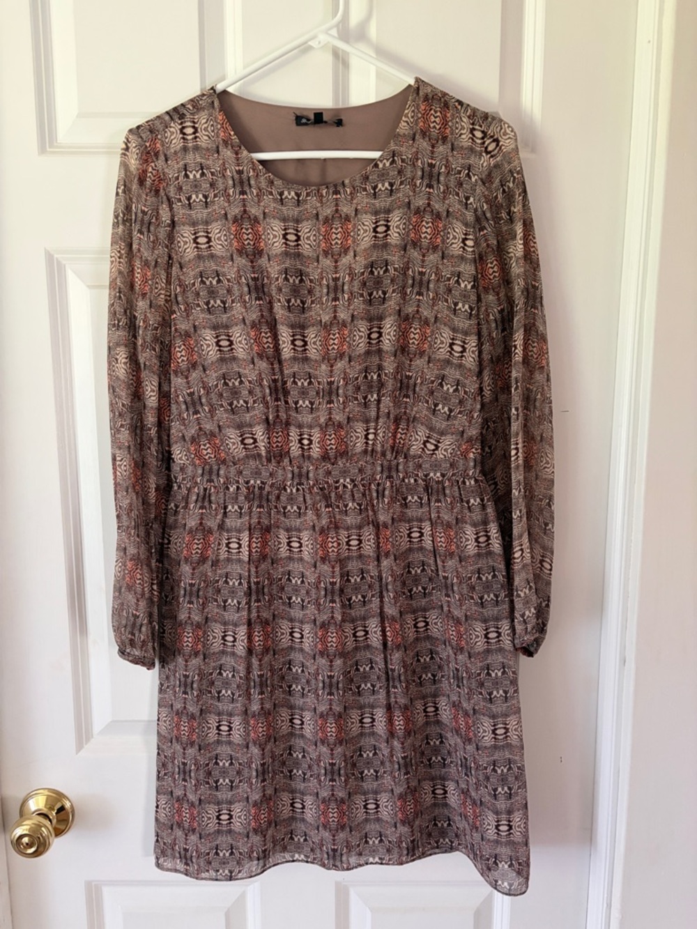 Madewell Long-Sleeve Printed Elastic-Waist Dress - Brown with Rust Accents